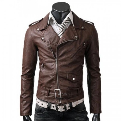 Men Slim Fit Belted Rider Brown Leather Jacket