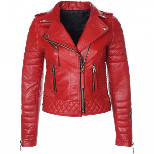 Women Red Quilted Leather Jacket